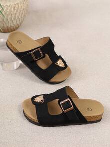 A Pair Of Stylish Kids' Open‑Toe Cork Slide Sandals, Slip‑On Daily Sandals For Children, Suitable For Daily Wear, Beach Trips And Outings - Black - View 5