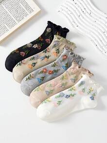 5 Pairs Women's Short Socks With Floral Pattern And Frill Trim, Non-Slip Comfortable Breathable, Suitable For All Seasons - Multicolor - View 4