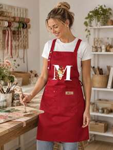 1pc Customized Letter Series Red Background Colorful Letter & Holographic Floral Pattern Cute Print Apron, Suitable For Christmas Party And Wedding. Applicable For Kitchen, Garden, Bathroom, Home Decor - Unique Initial Meaning Style, Christmas Gift - Multicolor - View 5