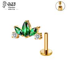 1PC G23 Titanium Internally Threaded Labret Stud Emerald Green Chain Cartilage Stud Earrings Cluster Flat Earring Piercing Jewelry Women New - Green - View 37