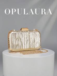 OpulAura 復古奢華手拿包，金色 PU 皮革亮面百褶設計時尚派對包，正式派對手提包，高端方盒小包，適合派對/婚禮/正式場合晚宴女士包，附鏈條 - 金色 - 查看 2
