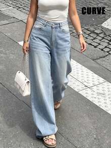 Plus Size Retro Casual Loose Straight Leg Denim Maxi Pants, Fashionable & Versatile Spring Fall - Light Wash - View 4