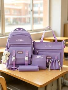 5-Piece Back To School Backpack Set, Classic Basic Style, Large Capacity Multi-Piece Set Backpack + Tote Bag + Crossbody Bag + Pencil Case + Coin Purse, With Laptop Compartment, Casual Fashion Multifunctional Backpack And Wallet - Purple - View 6