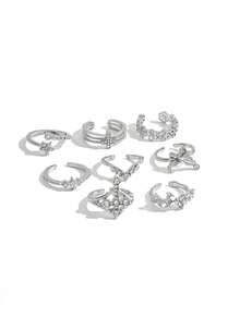 8PCS Vintage Distressed Silver Cross Butterfly Rings, Rhinestone Flower & Star Stackable Rings, Gothic Dark Aesthetic Hand Jewelry Set For Women - Silver - View 5