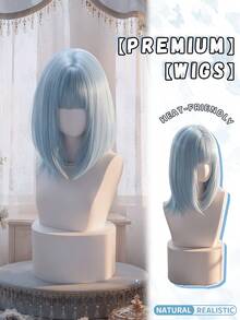 alicegarden 16-Inch Long Synthetic Wig Featuring A Natural Straight Style A Stunning Dusty Blue. Designed With Bangs , This False Hairpiece Is Perfect For Ms Daily Party Cosplay Use, Offering A Natural And Natural Durable Wig Gift For Ladies., Halloween - Dusty Blue - View 2