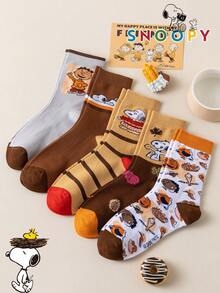 1/5/10 Pairs Snoopy Socks Women's Mid-Calf Socks, Marron Vintage Winter Style, Color Block Striped Print With Puppy Pattern - Multicolor - View 5