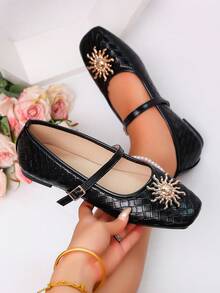 planare Vintage Woven Texture Black Square Toe Mary Jane Shoes, Metal Sunflower Buckle With Adjustable Single Strap Design, Soft Leather Flexible Lightweight Comfortable, Soft Sole For Long Wear Without Fatigue, Versatile French Ballet Shoes For Daily Commute, Office Work, Casual Outings, Comfortable Women's Shoes, Apartment, Women's Apartment, Black Shoes, Mary Jane Shoes - Black - View 4