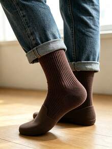 1/5/10 Pairs Pure Brown Sole Men's Mid-Calf Socks, Breathable And Moisture-Wicking, Versatile Sports Socks, Business Commute Socks, Suitable For All Seasons - Brown - View 4