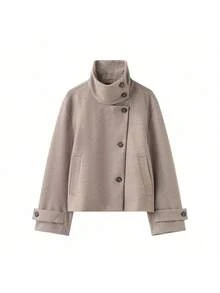 DEEKA Autumn/Winter New Women's Fashion European & American Style Minimalist Collared Wool Blend Short Jacket Spring, Quiet Luxury - Khaki - View 3
