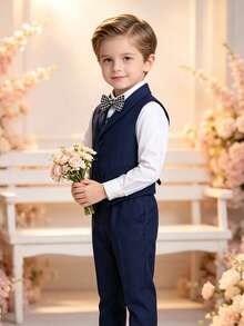Young Boy 2pcs Set Formal Vest With Single-Breasted Buttons, Pants And Bow Tie - Navy Blue - View 4
