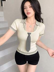 2026 School Style Tie Decor Knit Top, Striped Patchwork Collared Fitted Beige Sweater, Soft Stretchy Knit Fabric, Casual Campus/Date Wear Summer - Apricot - View 1