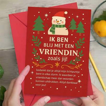 1 Greeting Card + 1 Envelope Adorable Christmas Greeting Card, Snowman With Trees Design "Happy Friendship Wishes", For Best Friends, Winter Holiday Flat Style Card.