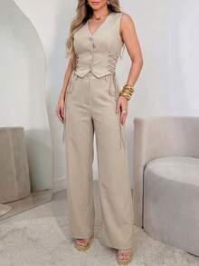 ANCHOSE Women's Grey Apricot Spring/Autumn Minimalist Elegant 2-Piece Matching Outfit Pants, Business Casual Daily Commute 2-Piece Suit Set Summer - Apricot - View 2
