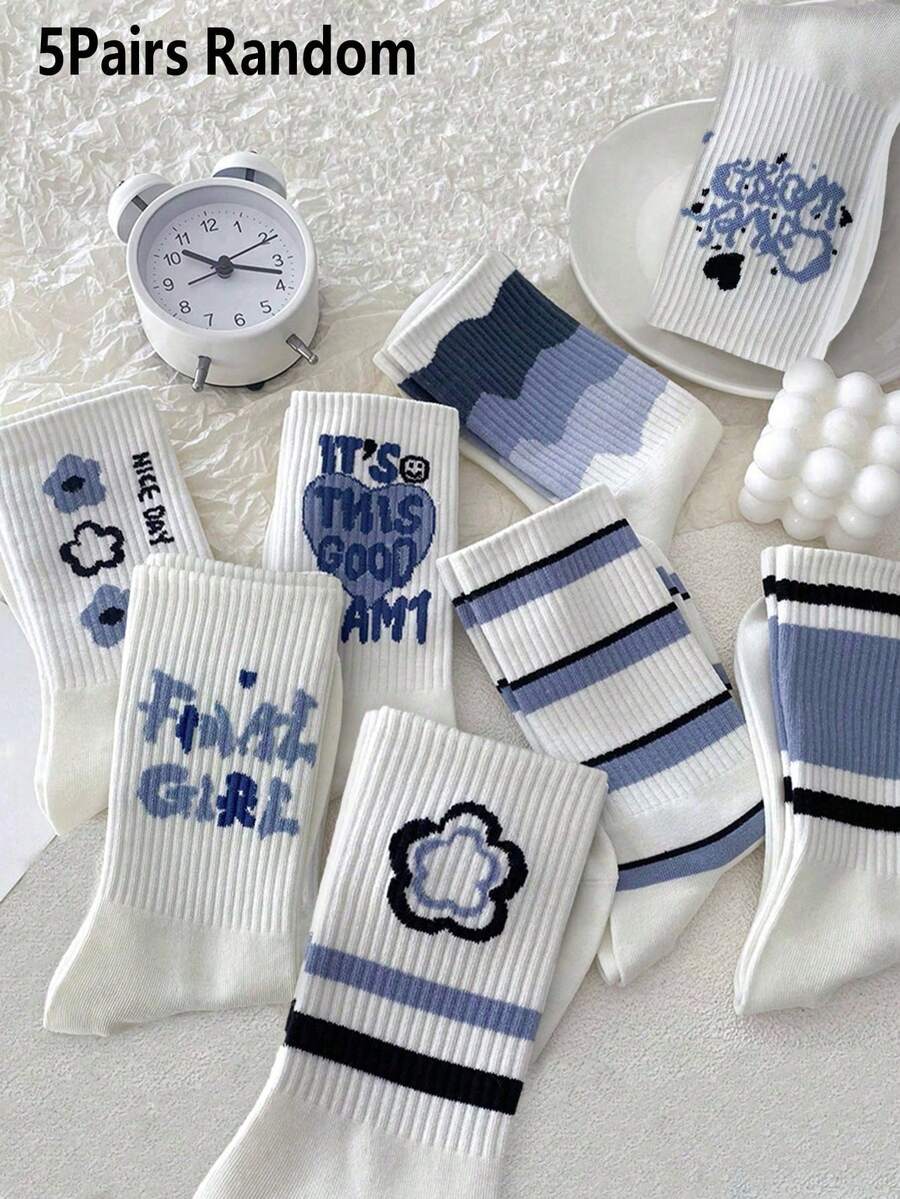 1/5 Pairs, Beige And Klein Blue Floral Striped British Print Mid-Calf Socks, Fresh Korean Style, High Elasticity And Breathable, Canvas Shoes Matching, Unisex College Style Slouch Socks - Black and White - View 1