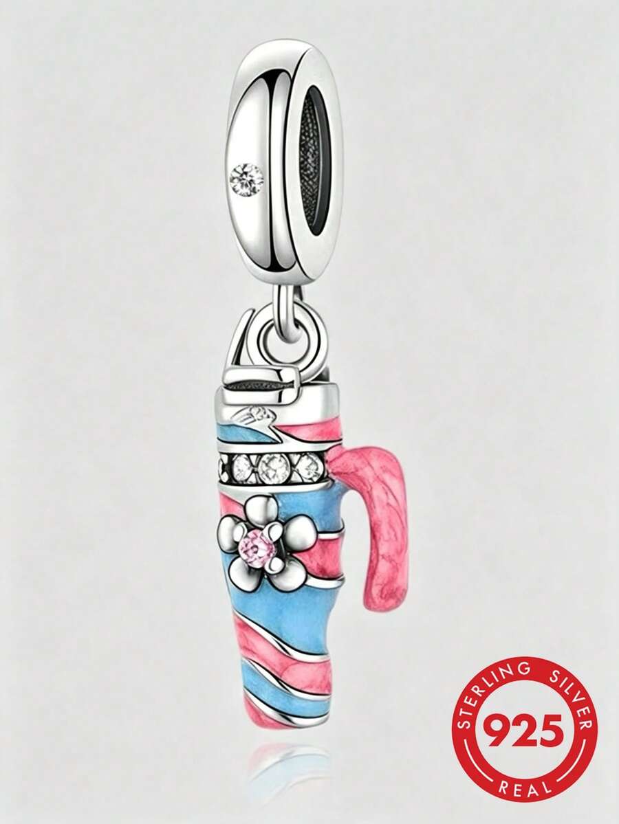 1pc S925 Sterling Silver Contrast Color Insulated Cup Charm, Pink & Blue Resin Flower With Zirconia, DIY Bracelet Pendant With Perforated Silver Bead For Water Bottle - Silver - View 1
