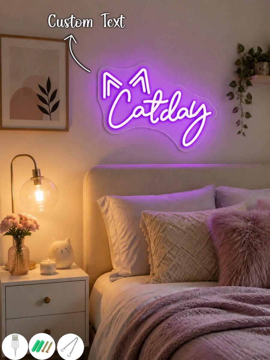 1PC Custom Cat Neon Sign, Personalized Name LED Neon Light, Cute Cat Ear Wall Decor, Pet Lover Gift, Custom Neon Room Decoration, Aesthetic Bedroom Light, Personalized Pet Sign, Home Office Gaming Room Decor, Unique LED Wall Lamp - Multicolor 3 - View 1