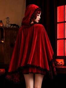 1 Piece Red Hooded Cape With Black Lace Trim, Little Red Riding Hood Cape For Halloween Cosplay, Gothic Costume, Carnival, Masquerade, Christmas Party & Stage Performance - Red and Black Lace Trim - View 3
