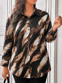 Women's Plus Size Elegant Artistic Print Button Long Sleeve Blouse, Suitable For Autumn Daily Wear And Fashion Commute Top - Chocolate Brown - View 5