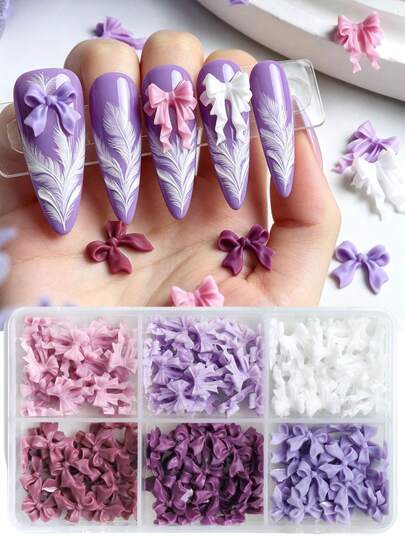 Purple Ribbon Bow Nail Art Charms, Kawaii Nail Art Supplies, Vintage Gothic/Soft Pure Style Valentine's Day Wedding DIY Nail Salon Decoration Accessories