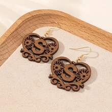 Women's Personalized Initial Wooden Earrings, Hollow Heart Daisy Flower Pattern 26 Letter Dangle Earrings - Brown - View 18
