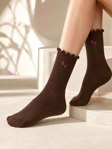 4/8 Pairs Sweet Style Tulip Floral Frill Trim Women's Mid-Calf Socks - Multicolor - View 4