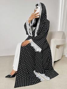 女款波點印花蕾絲飾邊長袍附圍巾，休閒和服風長袍與Jalabiya，生日穿搭，黑色婚禮派對套裝，秋季端莊時尚 - 黑色 - 查看 1