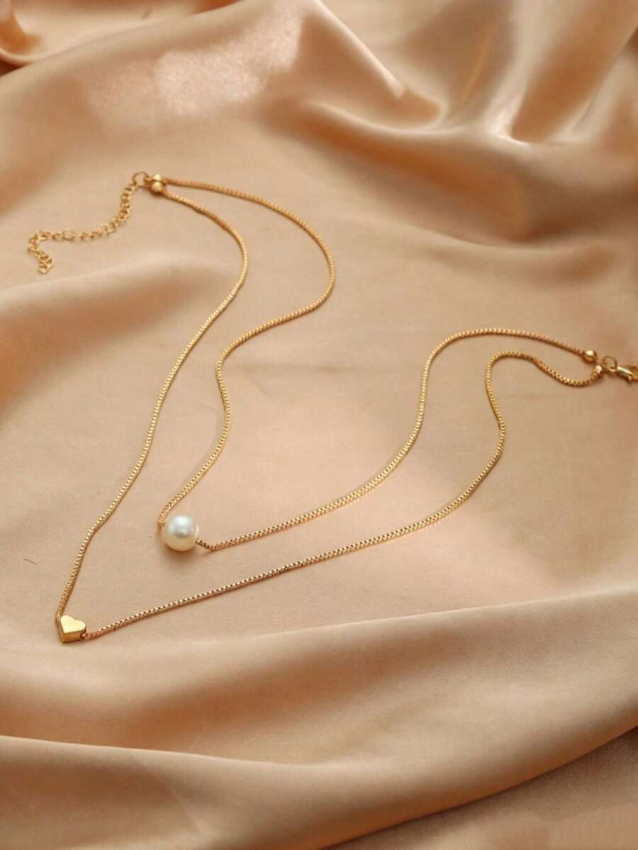 1pc Fashionable Minimalist Exquisite Double Layer Stacked Heart Pearl Necklace, Women's Daily Wear Accessory - Yellow Gold - View 1