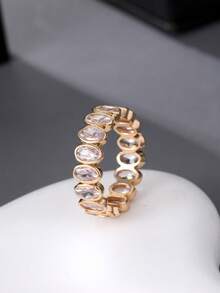 1pc Oval Cubic Zirconia Women's Ring, Copper Plated Gold Material, Suitable For Daily Wear And Evening Parties - Oval Ring - View 2