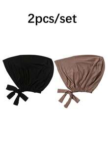 2 piezas Sombrero bufanda ajustable con banda elástica de unicolor para mujer - 2 piezas negro + caqui - Ver 5