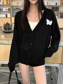 Minimalist Embroidered Solid Color V-Neck Cardigan Women's New Loose Fit Versatile Soft Knit Sweater Jacket Black - Black - View 2