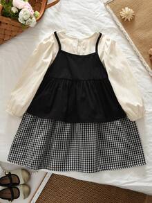 bearleader 1 To 5 Years Young Girls' Fashion Long Sleeves Patchwork Plaid Dress With A Bow Short Overall 2 Pieces Fall Or Spring Clothes - Black - View 2