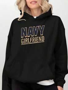 Navy Blue Girlfriend-Style Patterned Hoodie,Cool And Stylish Loose Casual Fit,Very Suitable For Parties,Strolling On Campus And Daily Commuting,Featur - 黑色 - 查看 7