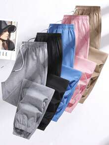 Celana Panjang Wanita Ukuran Besar Musim Gugur/Musim Semi Warna Polos Celana Olahraga Kasual Jogger Pinggang Elastis Tali Serut dengan Kantong Resleting Yoga Lari Olahraga - Light Grey - View 4