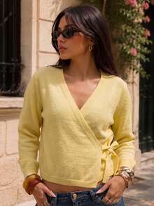 Women's V-Neck Cross Collar Side Tie Bow Elegant Loose Basic Solid Color Cardigan Sweater, Thick Warm Knit Open Front, Suitable For Single Wear Or Layering, Autumn/Winter - Yellow - View 8
