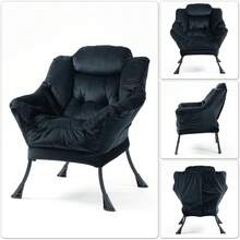 Lazy Chair, Relaxing Chair With Metal Frame And A Side Pocket, Simple Style Comfy Chairs For Bedrooms Living Room Balcony - 黑色 - 查看 4