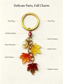 2pcs Vintage Gold Maple Leaf Keychain, Personalized Pearl Evil Eye Bag Charm Pendant. Suitable For Backpack Charm, Daily Bag Decoration, Holiday Party Gift, Back To School Gift, Women's Keychain, Car Keychain, Keychain Making Material, Backpack Charm Keychain, Keychain Pendant, Keychain Coin Purse, Bulk Keychain, Keychain Set, Keychain Accessories - Multicolor - View 5