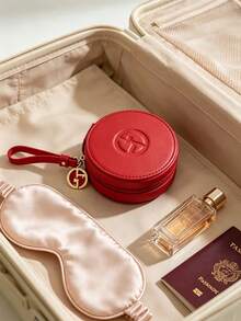 Red Round Zipper Makeup Pouch With Wrist Strap Classic Logo Portable Cosmetic Storage Bag For Daily Travel Use ARMANI-GIFT-74 - Red - View 9