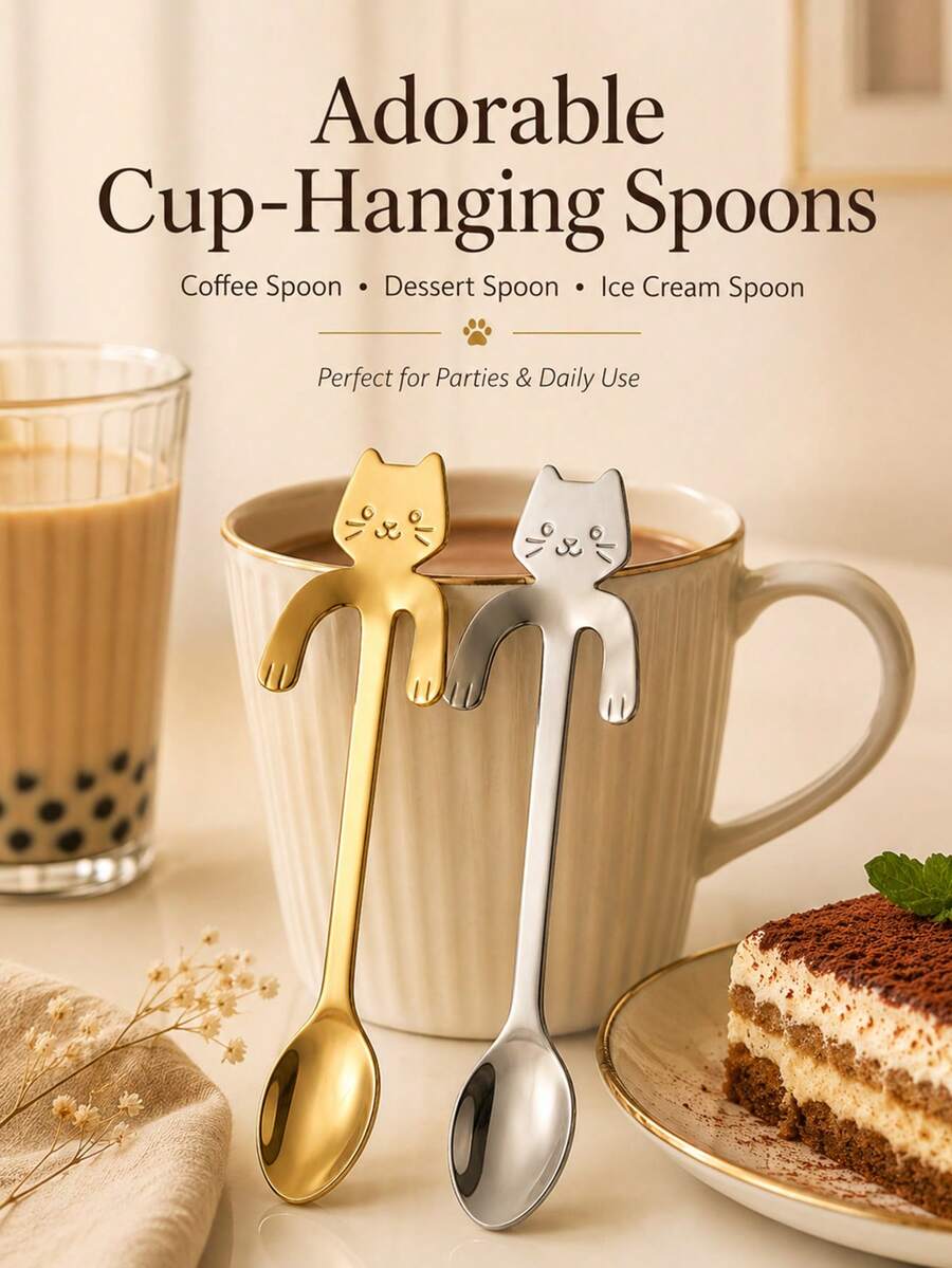 1pc Cute Cat Hanging Coffee Spoon, Stainless Steel Dessert Tea Stirring Spoon - View 1