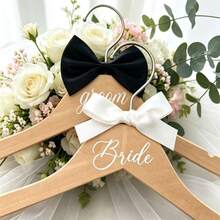 2 Packs Bride And Groom Wedding Wooden Hanger Set, With Ribbon Decoration, For Wedding Dresses, Suits And Strapless Dresses, - Coat Hanger - View 7