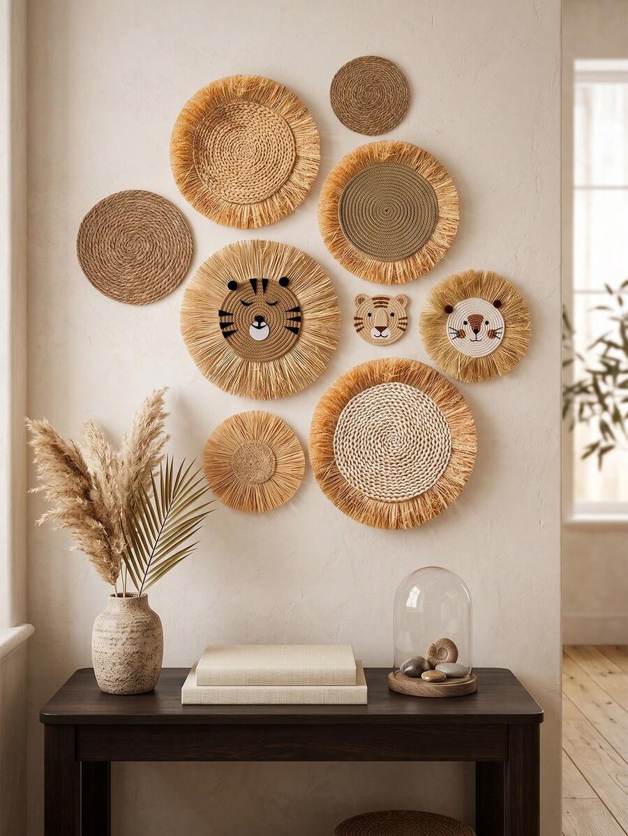 1pc Handmade Woven Wall Basket, Rustic Boho Style Decor, Handcrafted Rattan Round Wall Basket For Home, Kitchen, Farmhouse, Table, Living Room Decor, Unique Wall Art