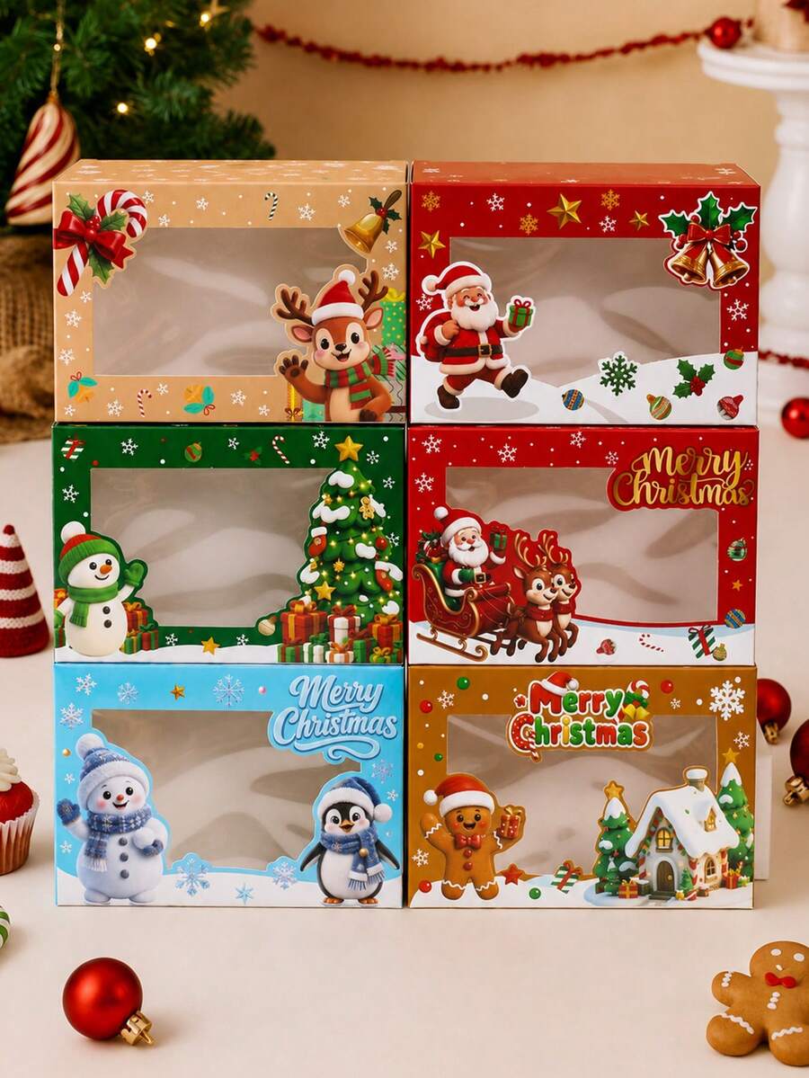 6入聖誕透明窗紙禮品盒，聖誕老人、雪人、馴鹿、薑餅人印花混款，聖誕派對裝飾、桌面裝飾、聖誕禮物、節日派對用品、聖誕快樂家居裝飾