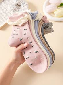 5 Pairs Ins Style Ruffled Ditsy Floral Mid-Calf Socks, Japanese Cute JK Lolita Student Slouch Socks For Girls, Soft And Comfortable, White And Pink, Suitable For Daily Wear And All Seasons - Multicolor - View 6