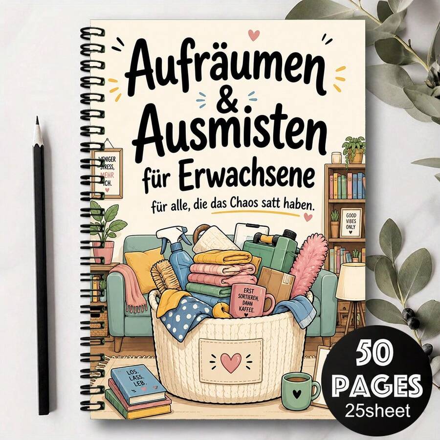 Sổ tay lò xo dọn dẹp nhà cửa "Decluttering & Organizing For Adults", sổ nhật ký tổ chức nhà cửa A5 kẻ ngang, 50 trang 25 tờ, 1 cuốn - A5 - Xem 1