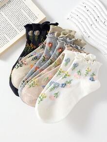 5 Pairs Women's Short Socks With Floral Pattern And Frill Trim, Non-Slip Comfortable Breathable, Suitable For All Seasons - Multicolor - View 5