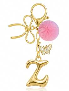 Cute Minimalist A-Z Initial Gold Keychain With Bowknot Pink Fur Ball Key Chain For Women's Bags, Daily Wear And Gift - Gold - View 17