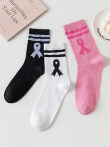 3/6/9 Pasang Kaos Kaki Wanita Model Preppy Bergaris dengan Pita, Panjang Setengah Betis, Lembut & Nyaman untuk Perjalanan Sehari-hari - MultiWarna - View 3