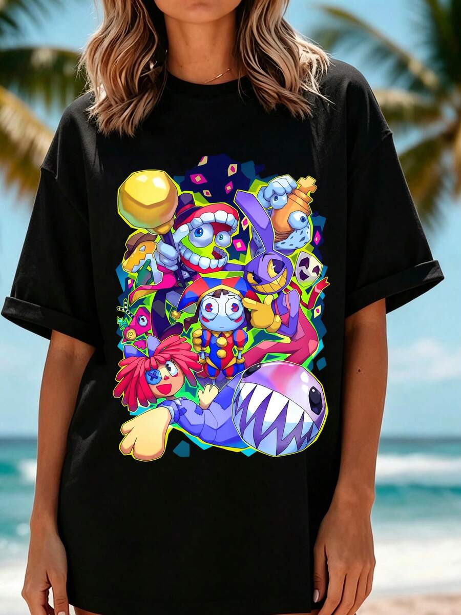 TheAmazingDigitalCircus Oversized T-Shirt With Colorful Character Print For Leisure And Gatherings, In Cartoon Style For Casual Fan Outfits - 黑色 - 查看 1