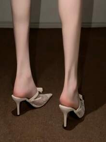 女款尖頭高跟鞋，細跟新款封趾鏤空蝴蝶結涼鞋，百搭低鞋口鞋 - 白色 - 查看 5