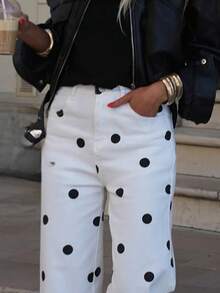 Women's Black Polka Dot White Pants Autumn Vacation - White - View 5