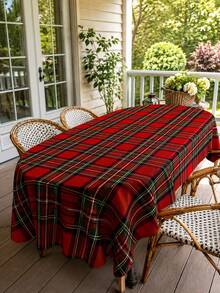 1pc Red Plaid Table Cloth, Classic Christmas Polyester Round Tablecloth With Tartan Checkered Pattern, Washable Decorative Table Cover For Dining Table, Kitchen, Holiday Party, Wedding, Home Decor And Indoor Outdoor Use - Multicolor - View 5